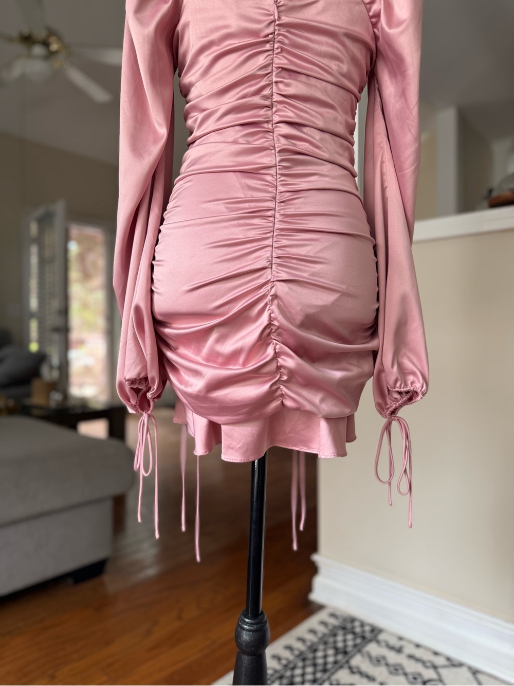 Rose Pink Satin Ruched Mini Dress with Long Sleeves - Picture 6 of 8